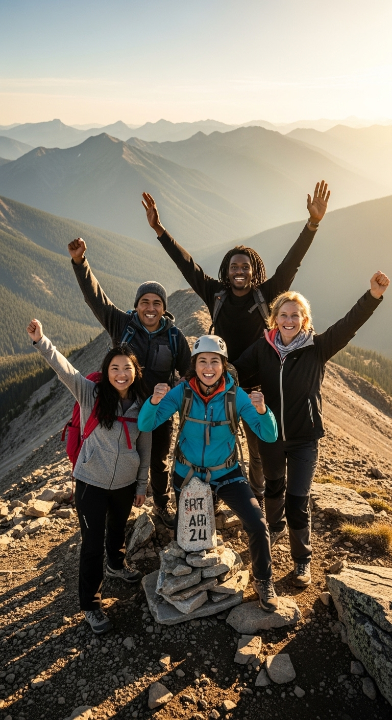 A diverse group of people standing together on a mountain peak, raising their hands in triumph, g...