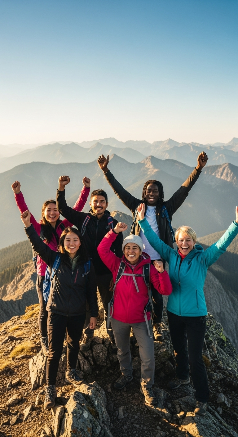 A diverse group of people standing together on a mountain peak, raising their hands in triumph, g...
