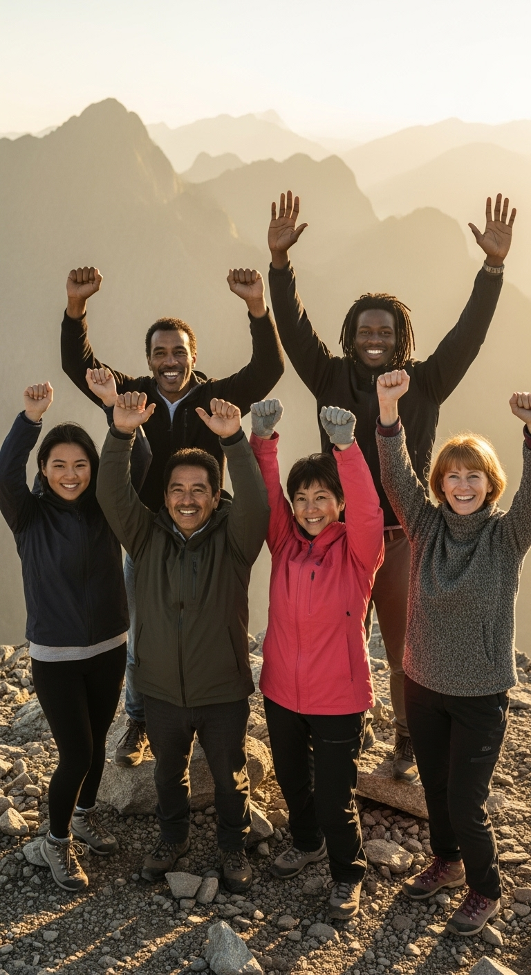 A diverse group of people standing together on a mountain peak, raising their hands in triumph, g...
