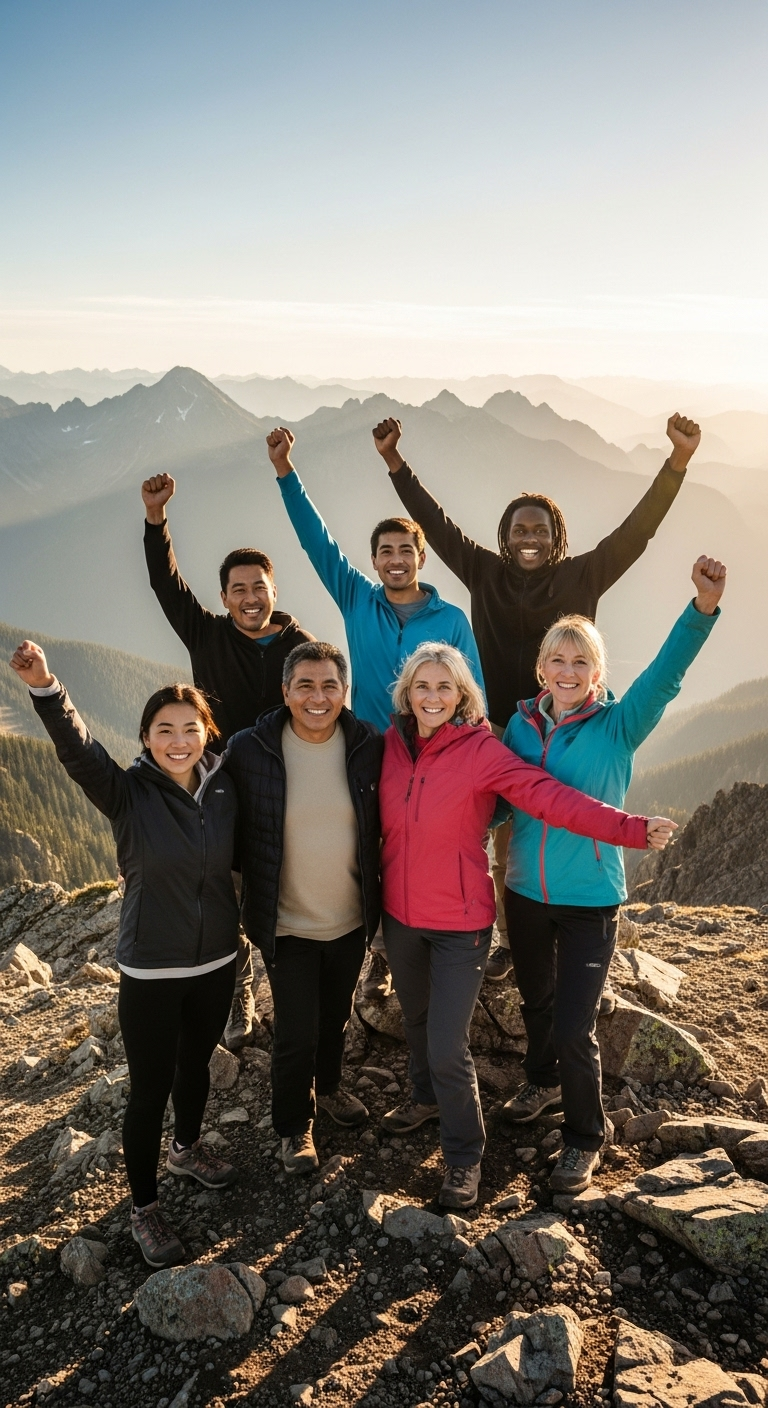 A diverse group of people standing together on a mountain peak, raising their hands in triumph, g...