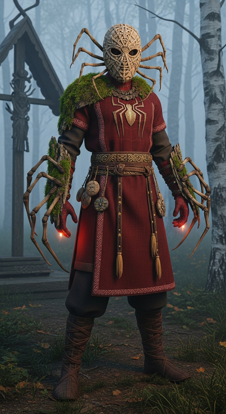 photorealistic full-body shot of Spider-Man as a mythical Slavic forest spirit, wearing deep red ...