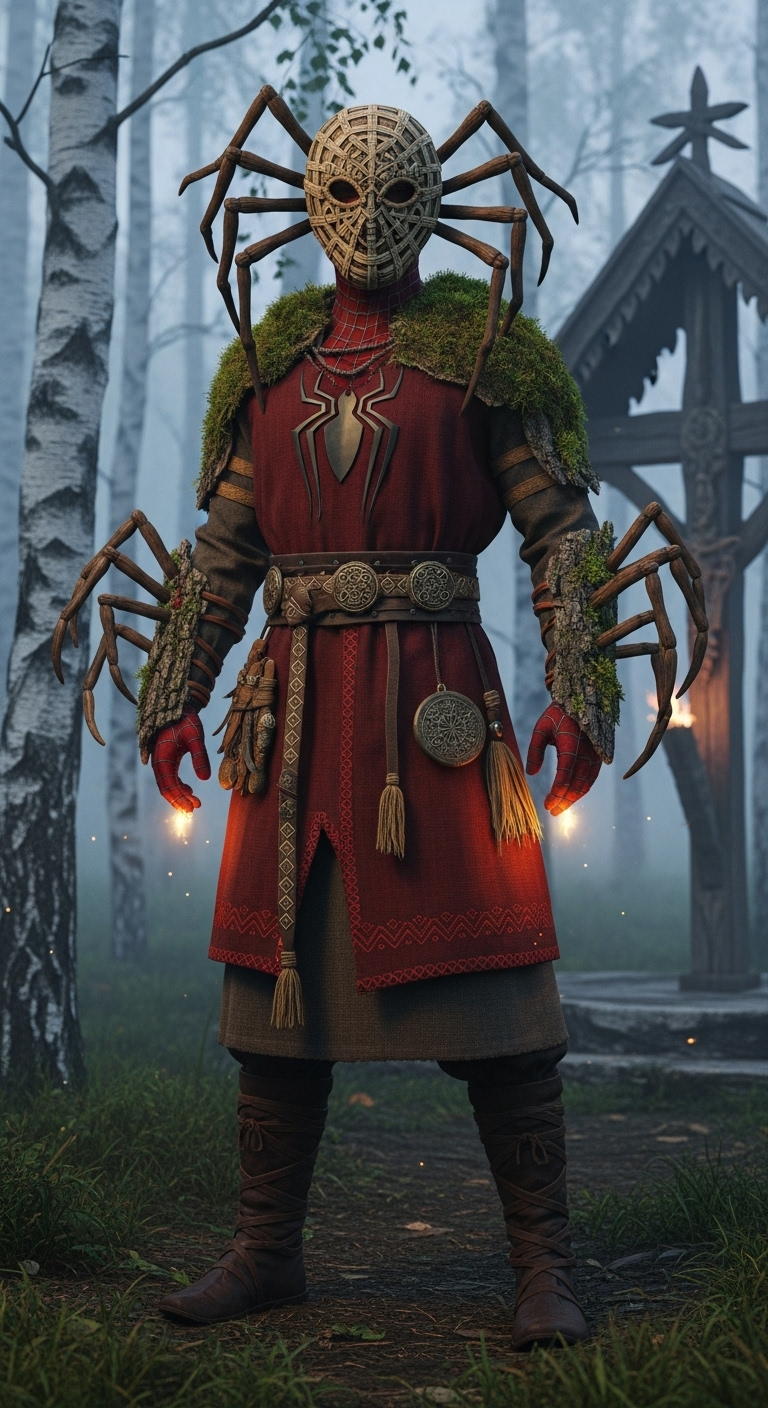 photorealistic full-body shot of Spider-Man as a mythical Slavic forest spirit, wearing deep red ...