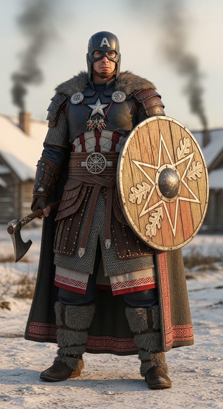 photorealistic full-body shot of Captain America reimagined as a Slavic warrior knight (vityaz), ...