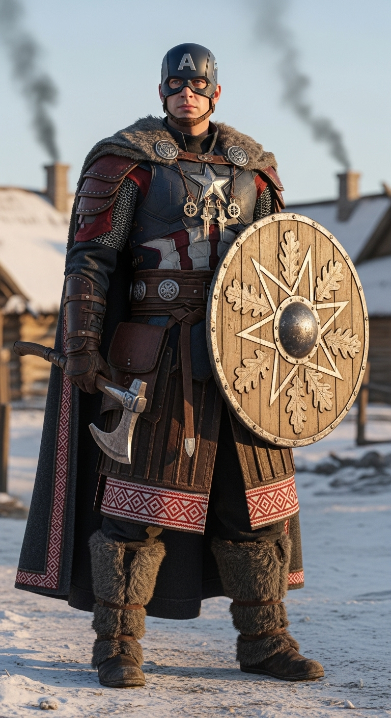 photorealistic full-body shot of Captain America reimagined as a Slavic warrior knight (vityaz), ...
