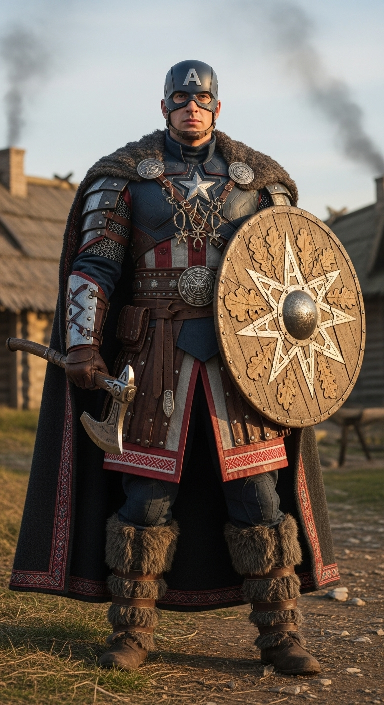 photorealistic full-body shot of Captain America reimagined as a Slavic warrior knight (vityaz), ...