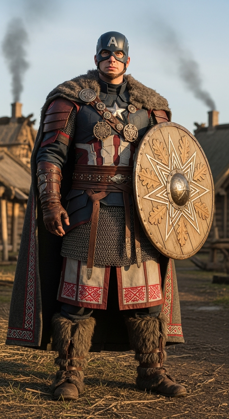 photorealistic full-body shot of Captain America reimagined as a Slavic warrior knight (vityaz), ...