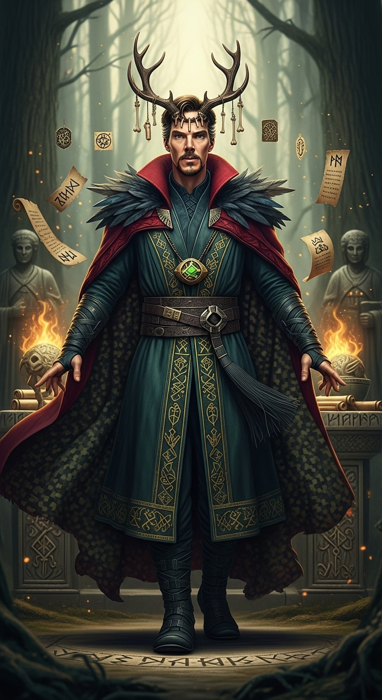 hyperrealistic full-body shot of Doctor Strange as an ancient Slavic sorcerer-priest (volkhv), we...