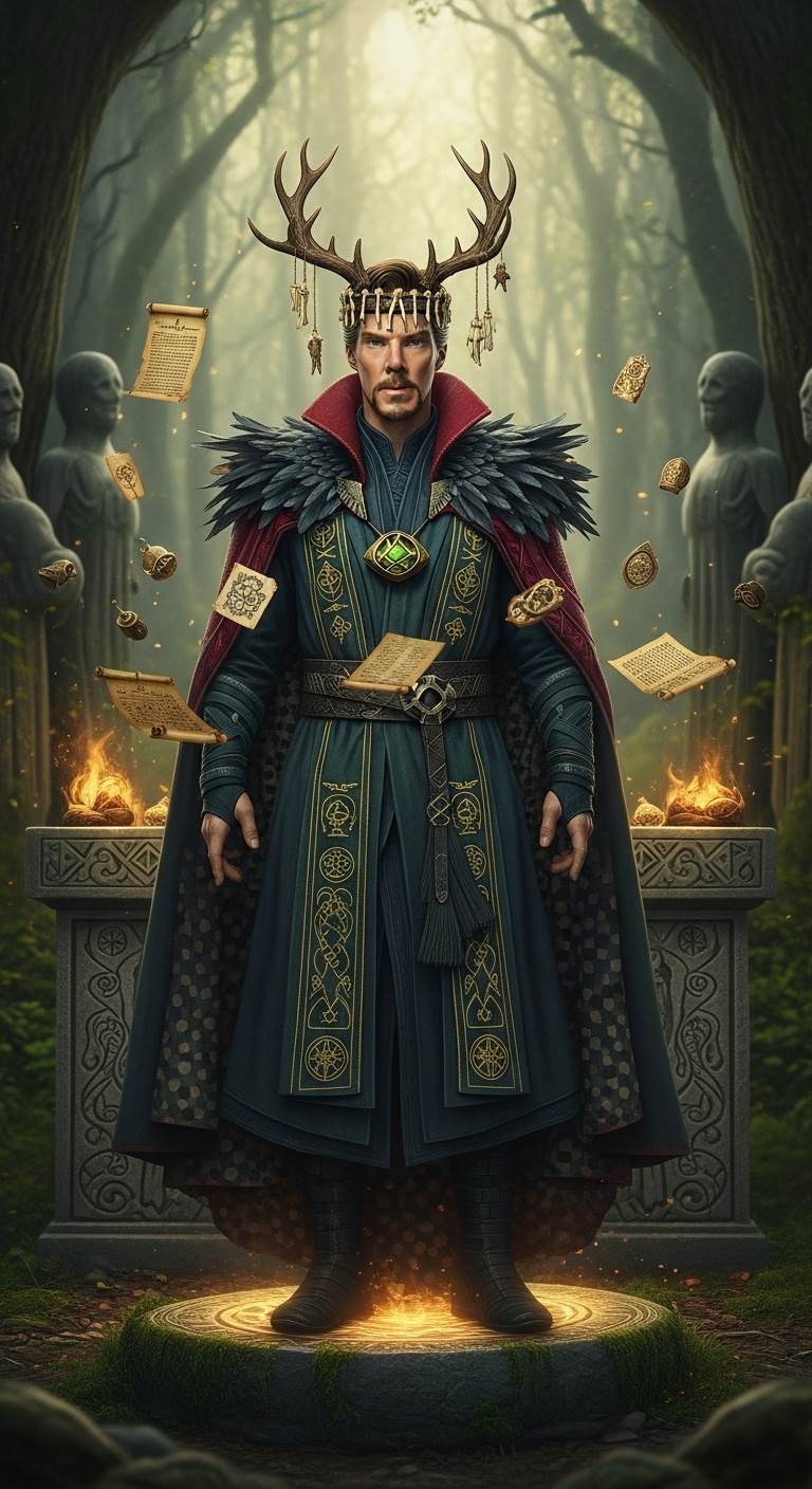 photorealistic full-body shot of Doctor Strange as an ancient Slavic sorcerer-priest (volkhv), we...