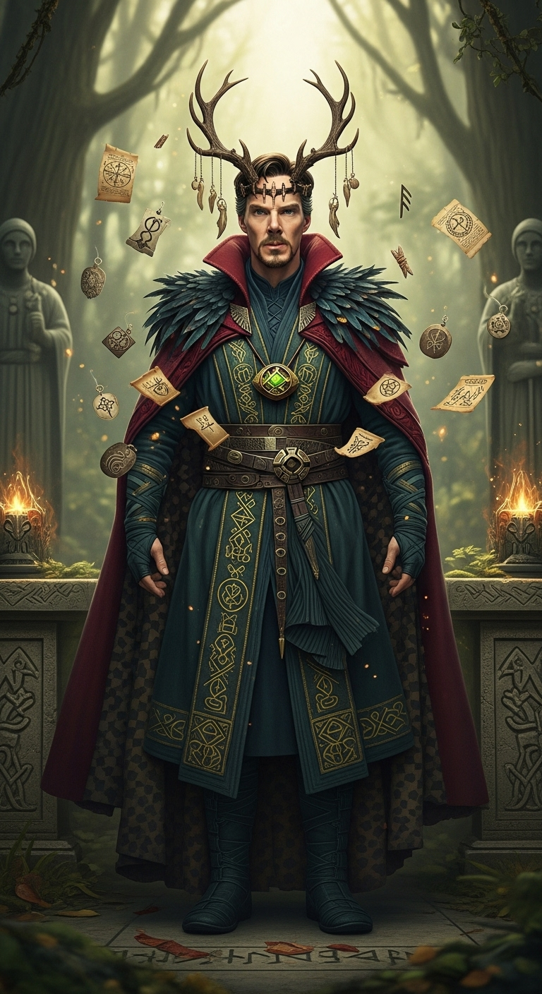 photorealistic full-body shot of Doctor Strange as an ancient Slavic sorcerer-priest (volkhv), we...