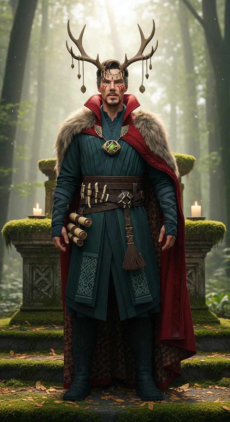 photorealistic full-body shot of Doctor Strange reimagined as a Slavic pagan sorcerer (volkhv), w...