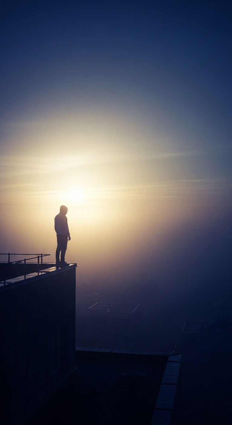 A lone figure in a hoodie standing at the edge of a rooftop, overlooking a foggy city at dawn, go...