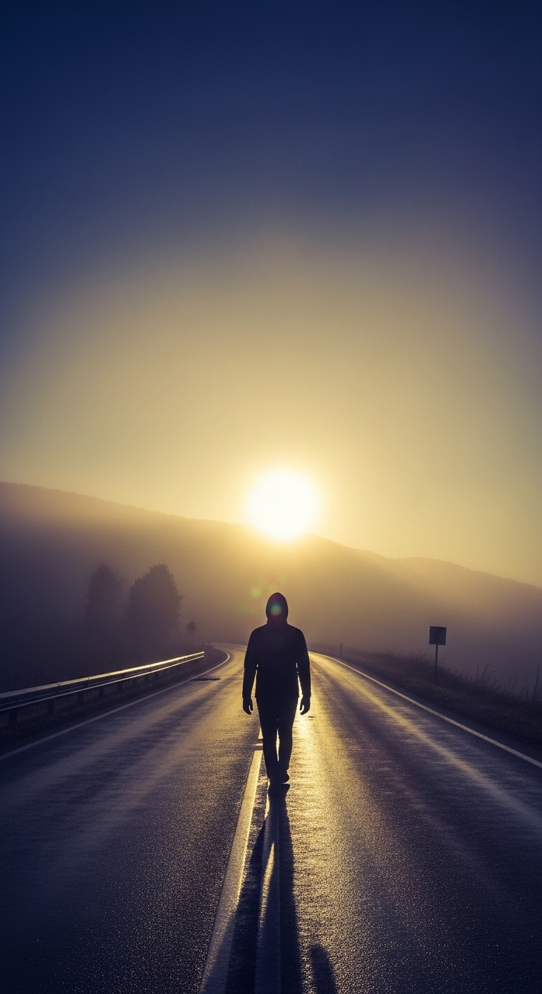 A silhouette of a person walking on a wet mountain road in early morning fog, golden light illumi...