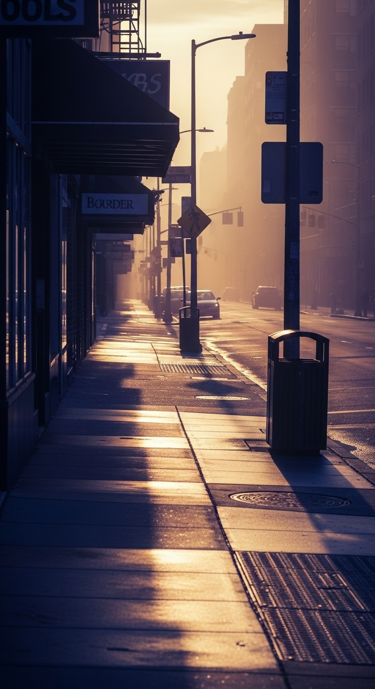 A quiet, misty urban street at dawn, with long shadows and soft golden light reflecting off wet p...