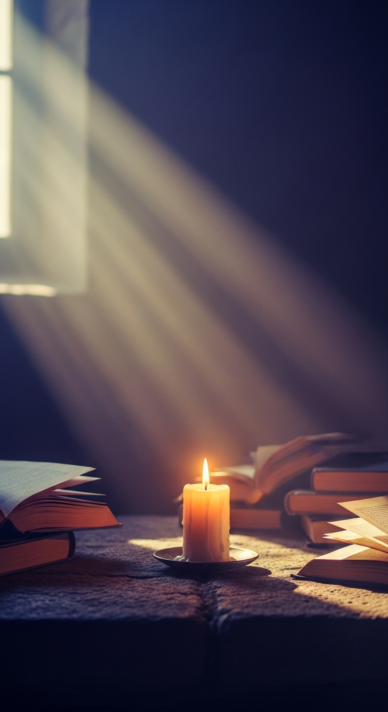 A single lit candle on a rough stone surface in a dark room, surrounded by ancient books and soft...