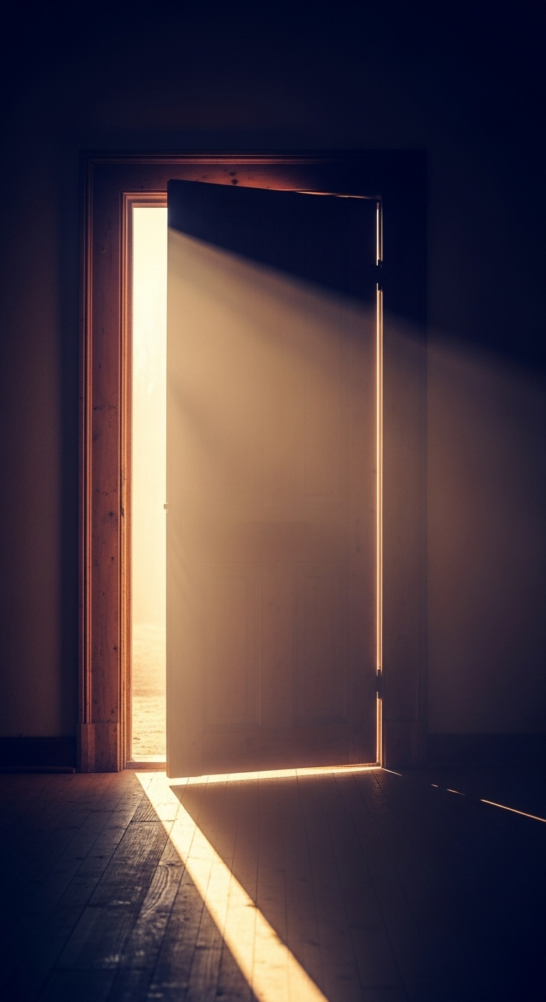 An old wooden door slightly ajar, light flooding in from behind, casting long beams across a shad...
