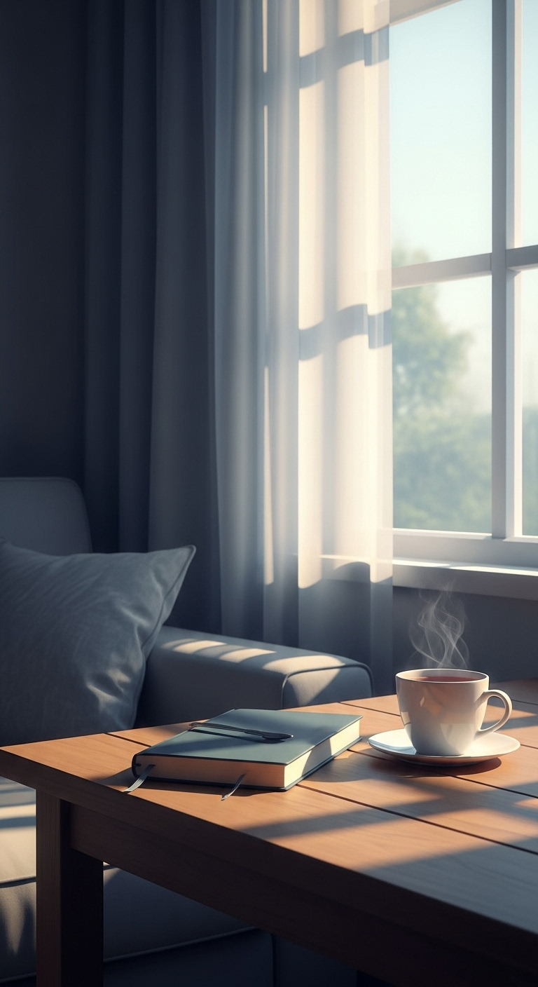 A cozy, quiet corner by a window, soft morning light filtering through sheer curtains, a closed j...