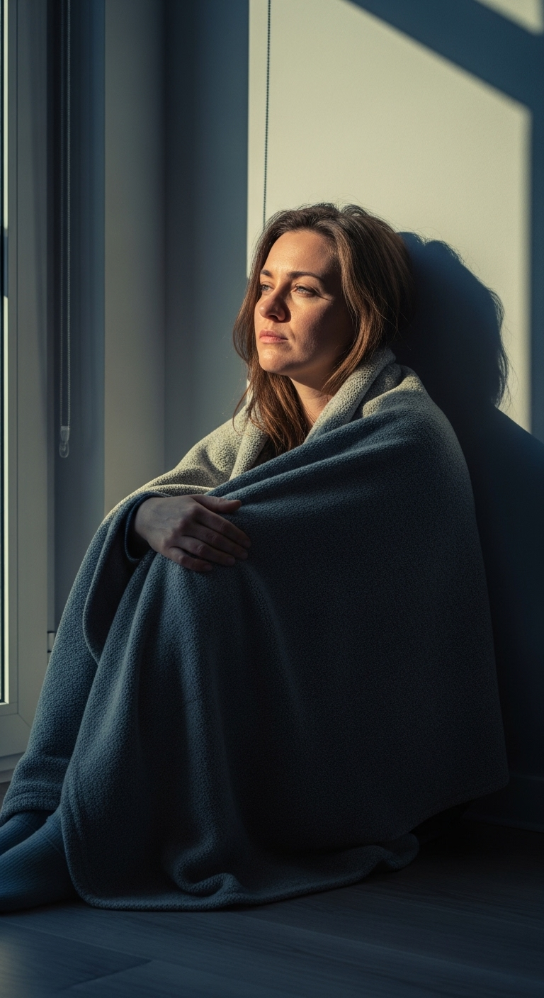 A woman in her late 20s sitting on the floor by the window, wrapped in a blanket, soft light illu...