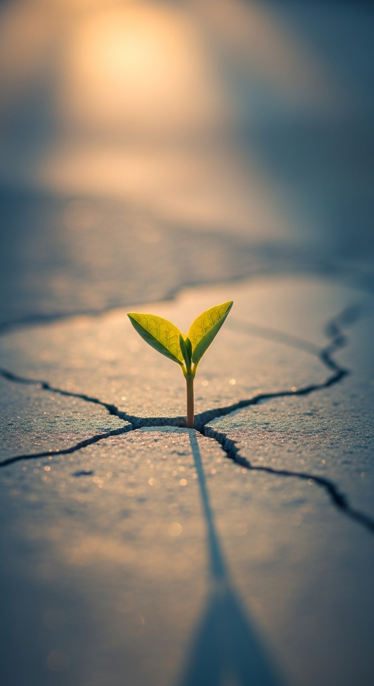 A single sprout breaking through cracked concrete, golden sunlight shining on it, surrounded by f...