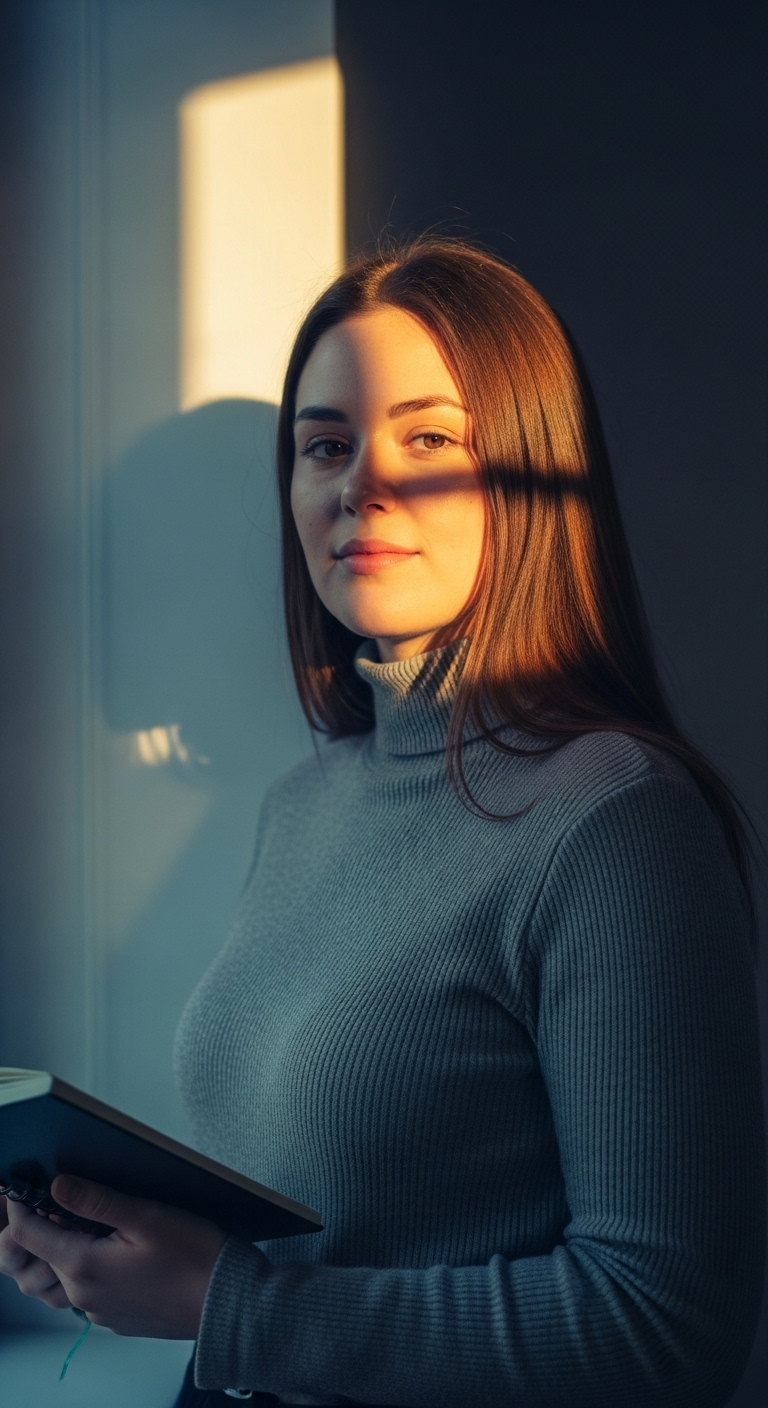 Same woman now standing by the window, holding a notebook, soft focus on her face with gentle mor...