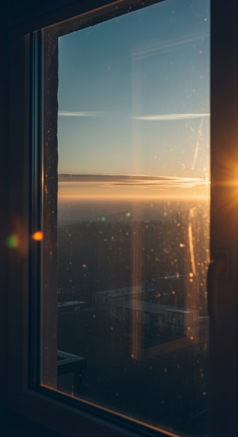 A sunrise view from the window, clear sky with orange and blue hues, the world outside beginning ...