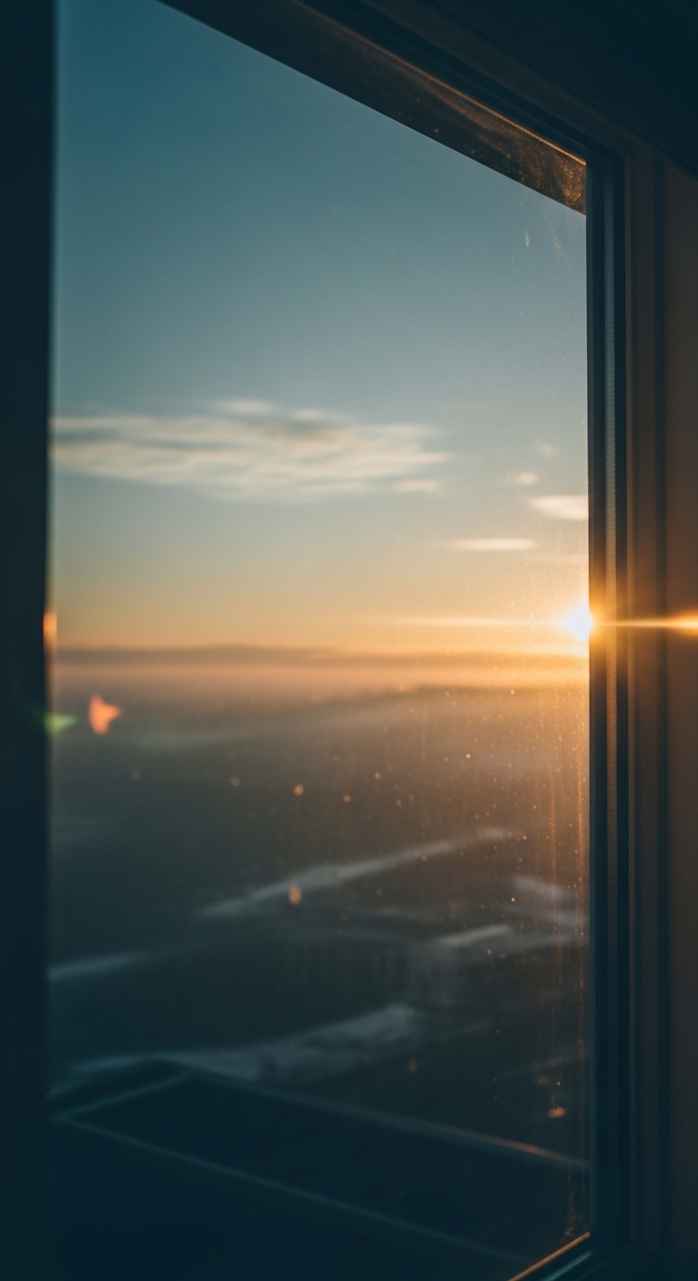 A sunrise view from the window, clear sky with orange and blue hues, the world outside beginning ...