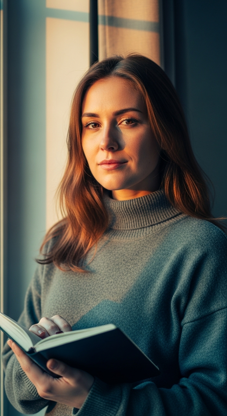 Same woman now standing by the window, holding a notebook, soft focus on her face with gentle mor...