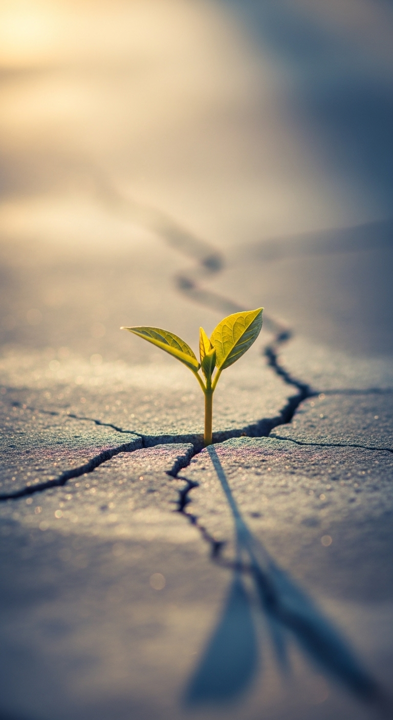 A single sprout breaking through cracked concrete, golden sunlight shining on it, surrounded by f...