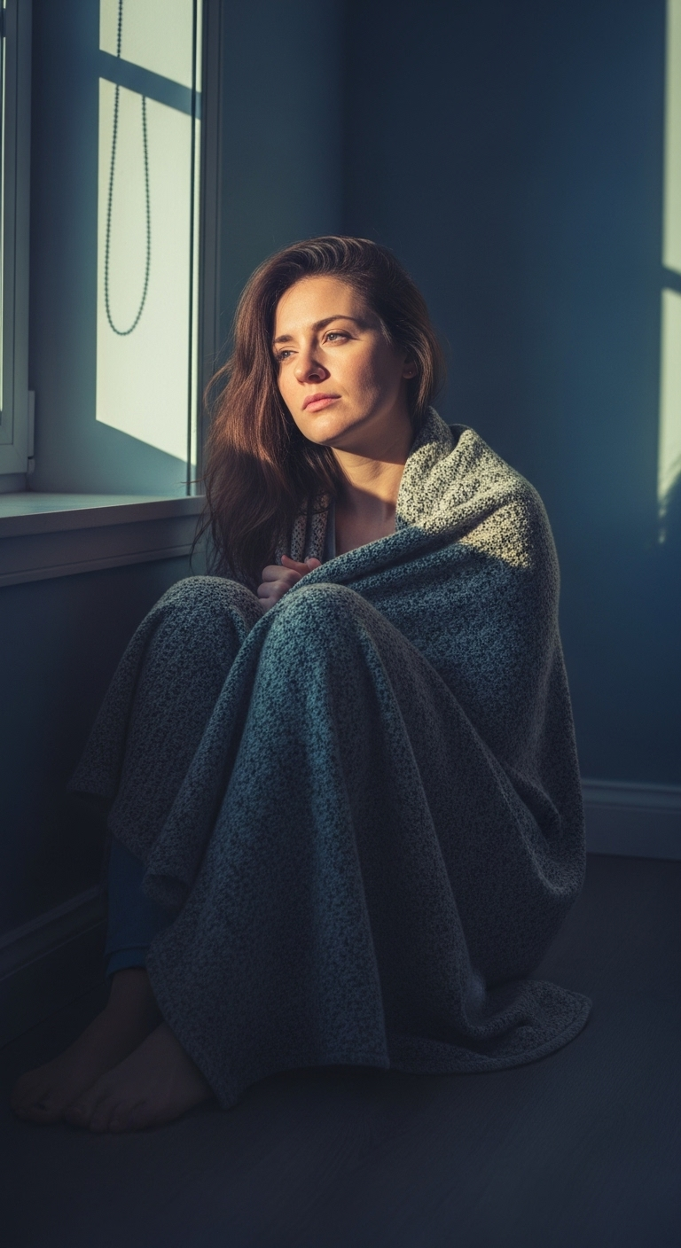A woman in her late 20s sitting on the floor by the window, wrapped in a blanket, soft light illu...