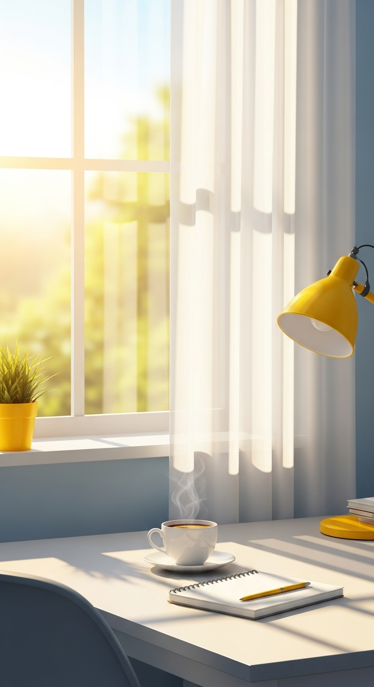 A bright morning window with sunlight streaming through white curtains, casting soft shadows on a...