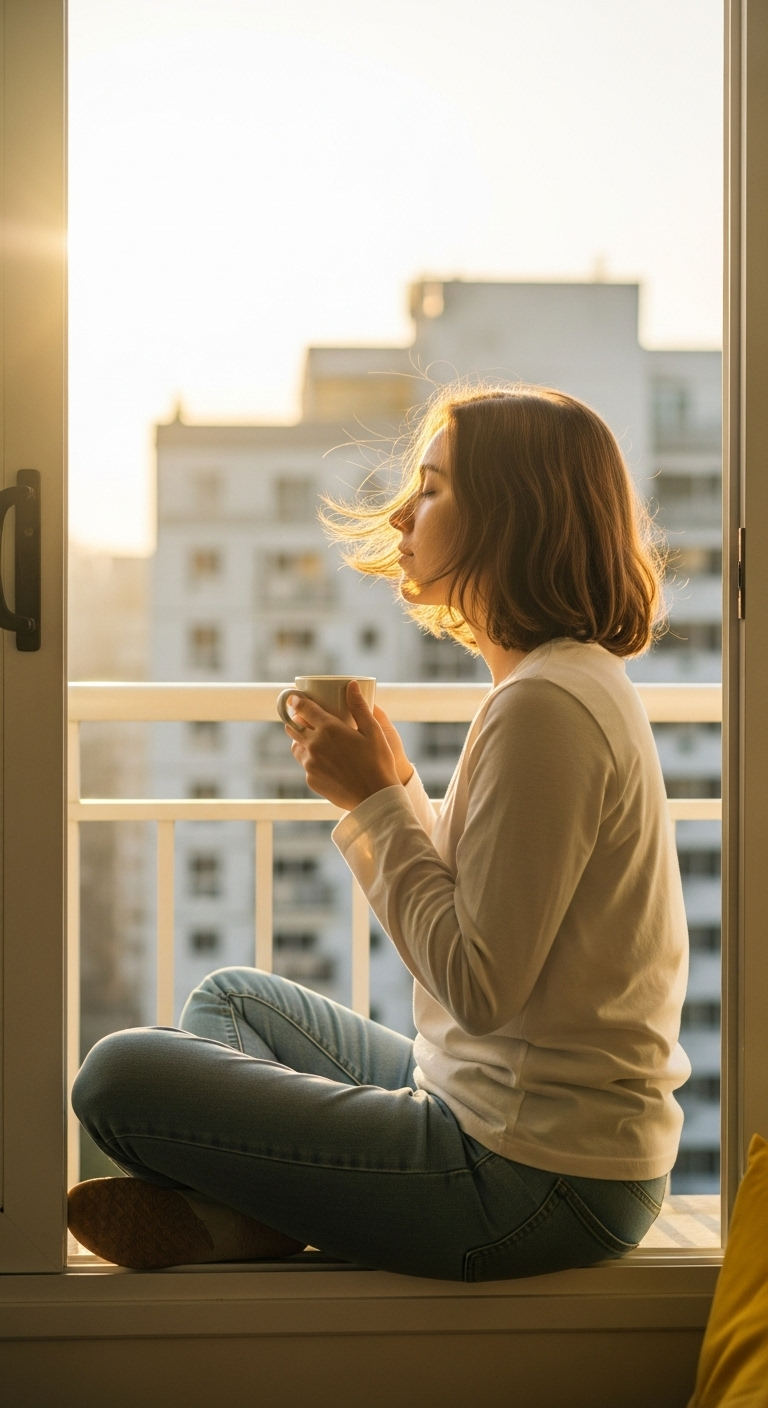 A young person sitting on a balcony in soft morning light, calmly reflecting while sipping coffee...