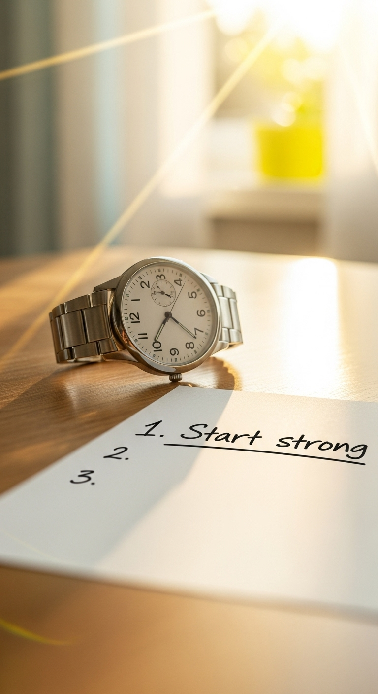 A close-up of a simple wristwatch ticking on a wooden table, sun rays highlighting its surface. N...