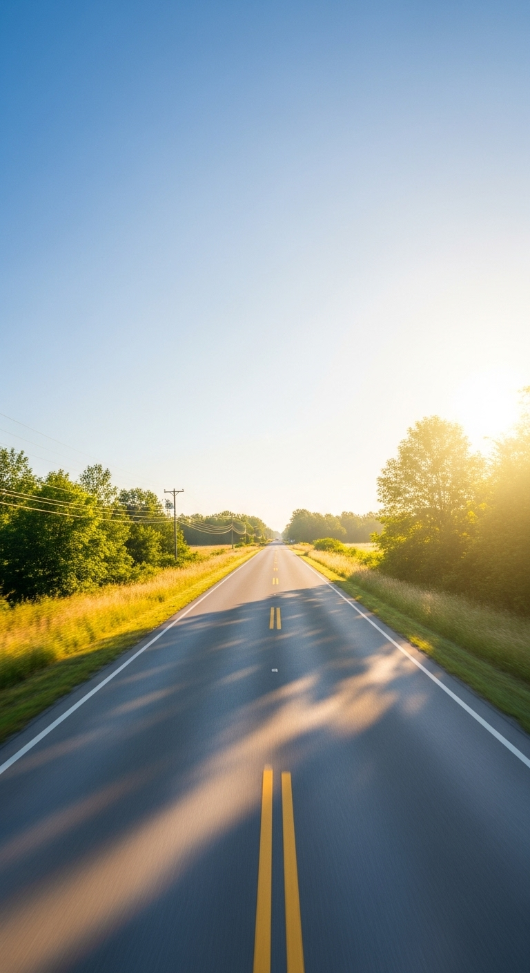 An open road surrounded by calm nature under clear blue sky, early morning light casting long sha...
