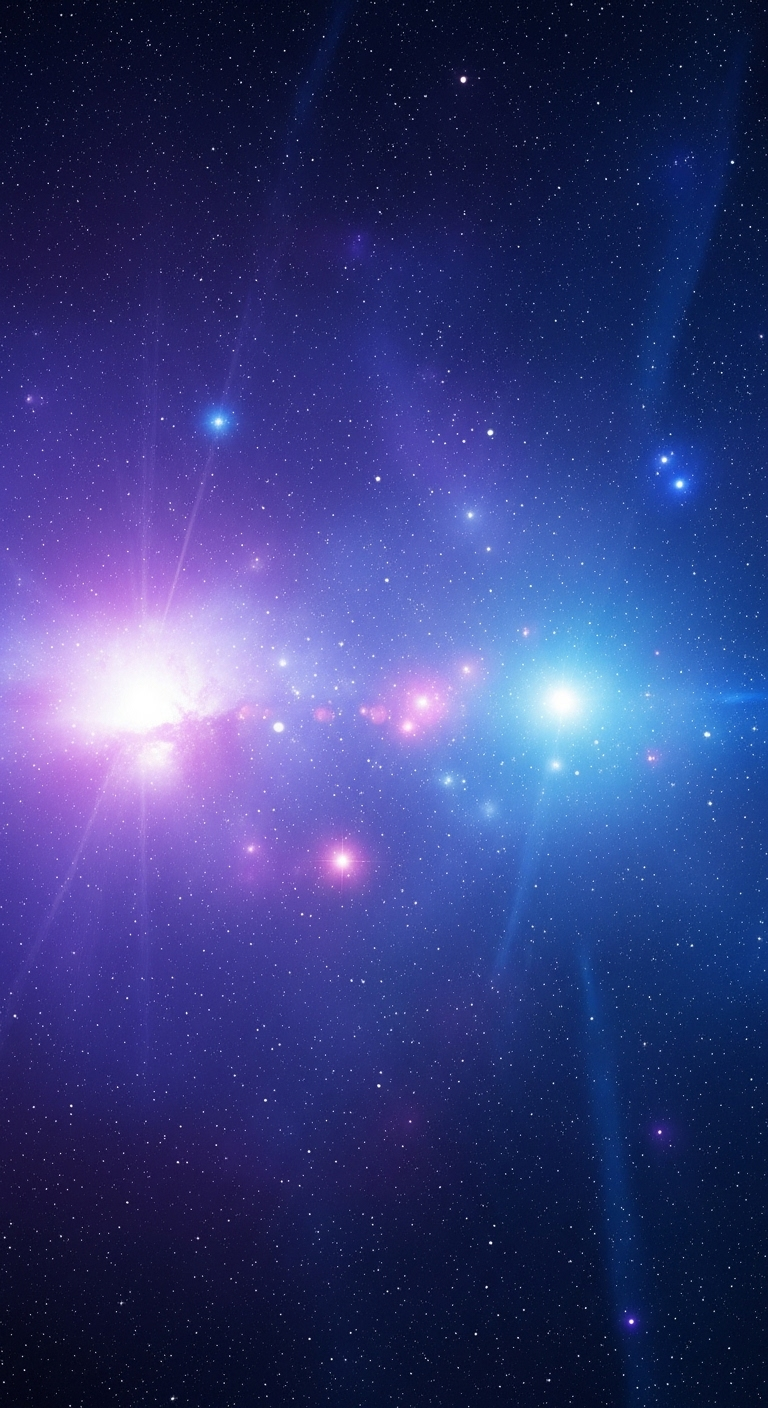 A wide shot of a deep space nebula with glowing violet and blue colors, scattered stars, and soft...