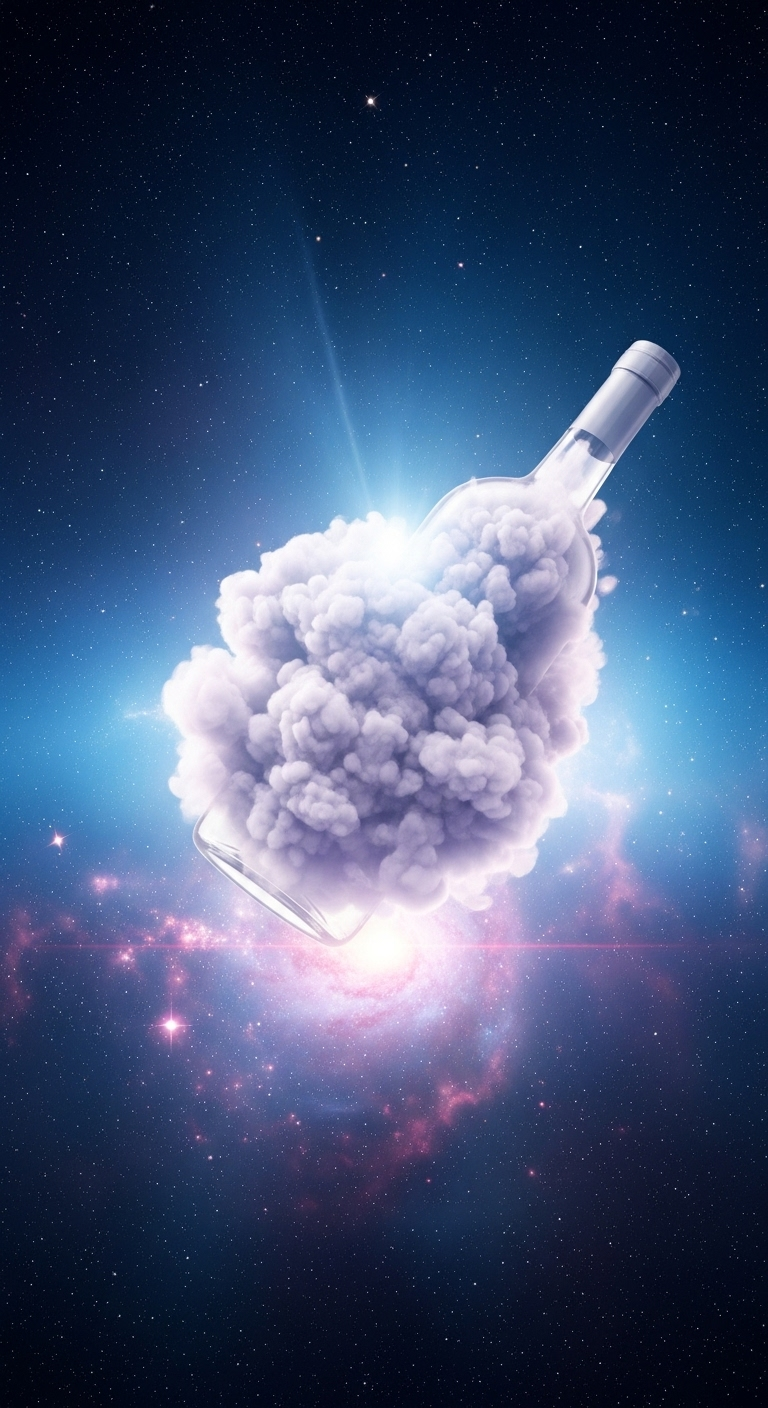 A photorealistic view of a massive alcohol cloud in space — glowing vapor-like structure floating...