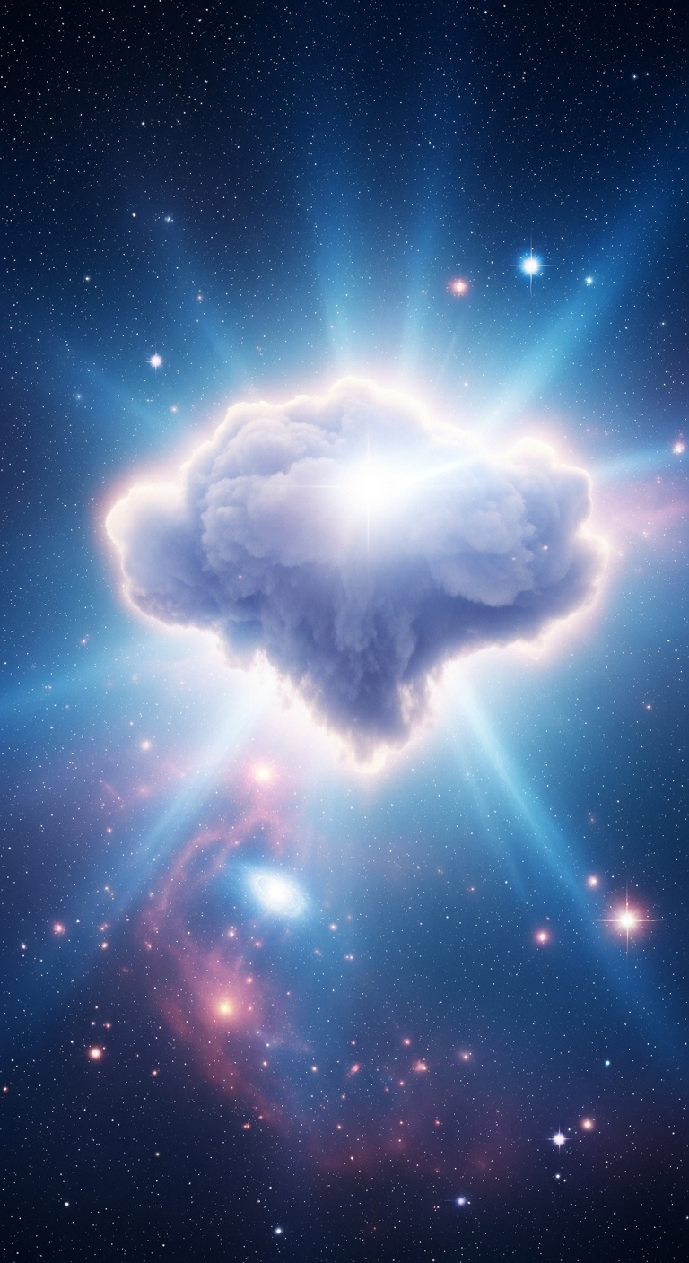 A photorealistic view of a massive cloud in space — glowing vapor-like structure floating in the ...