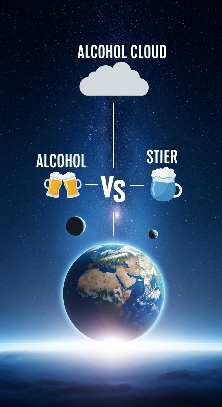 An infographic-style visual showing a comparison between the alcohol cloud and Earth, labeled wit...