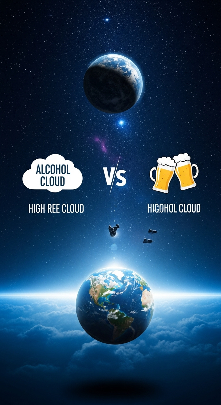 An infographic-style visual showing a comparison between the alcohol cloud and Earth, labeled wit...