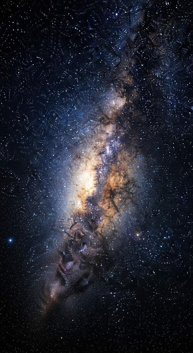 A wide-angle view of the Milky Way galaxy from a distant perspective, glowing softly with golden ...