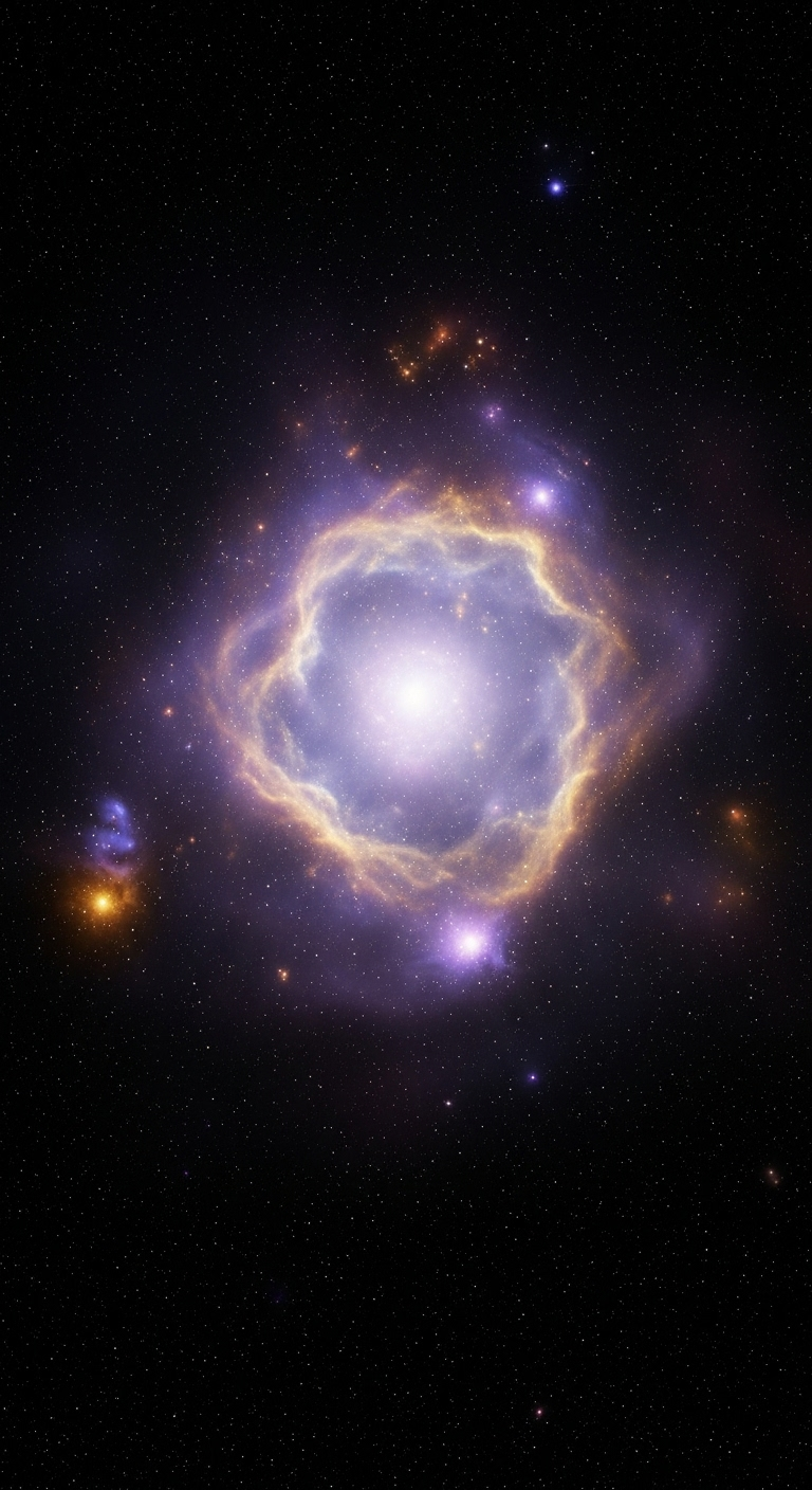 A colossal molecular cloud floating in space, shimmering subtly with hints of violet and gold, su...