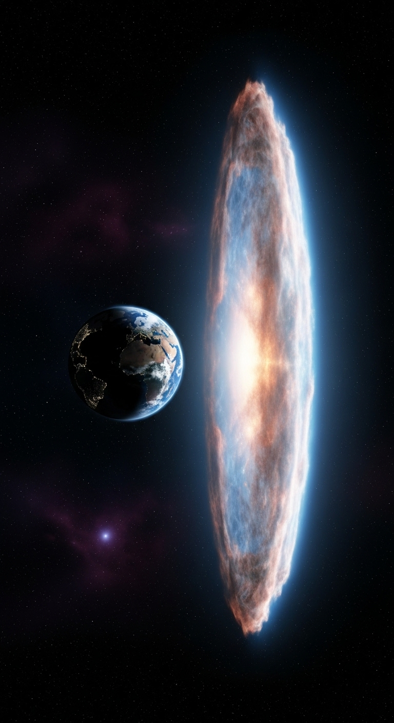 A small Earth-like planet seen next to a massive glowing space cloud, emphasizing size difference...