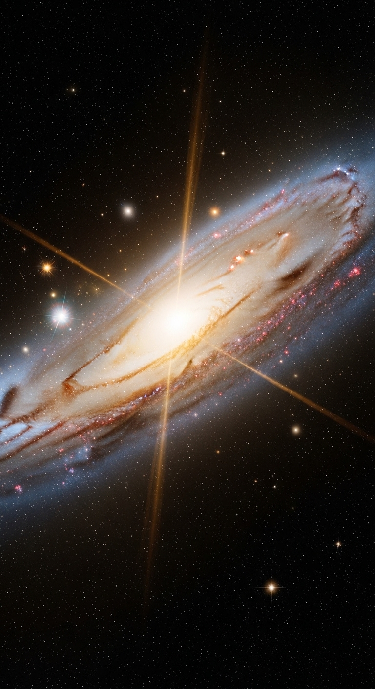 A powerful view toward the galactic center, radiating with intense golden energy, dust lanes cutt...