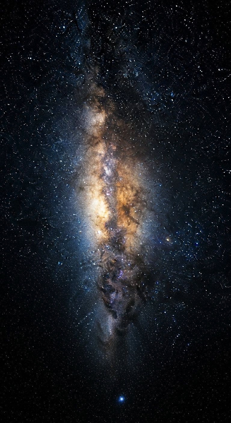 A wide-angle view of the Milky Way galaxy from a distant perspective, glowing softly with golden ...