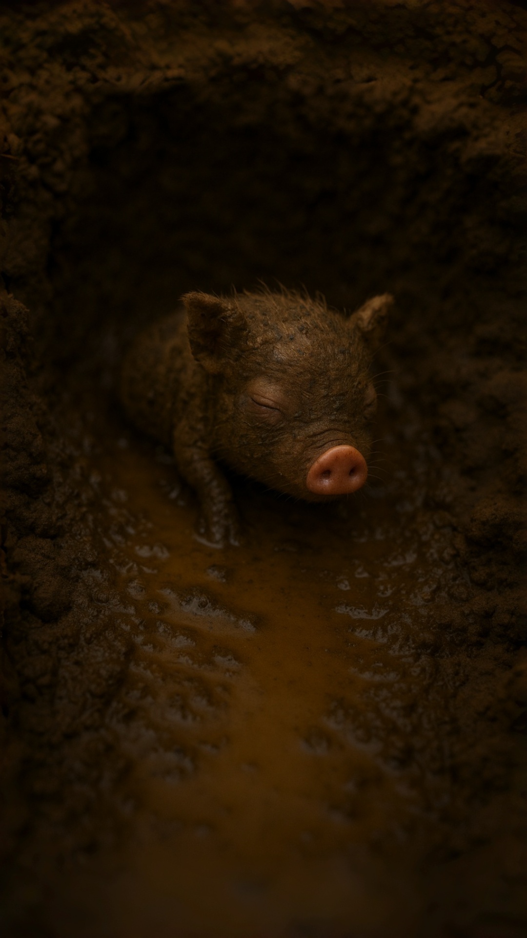 This is a countryside in Korea.
A cinematic ultra-realistic 9:16 scene shows a tiny baby mini pig...