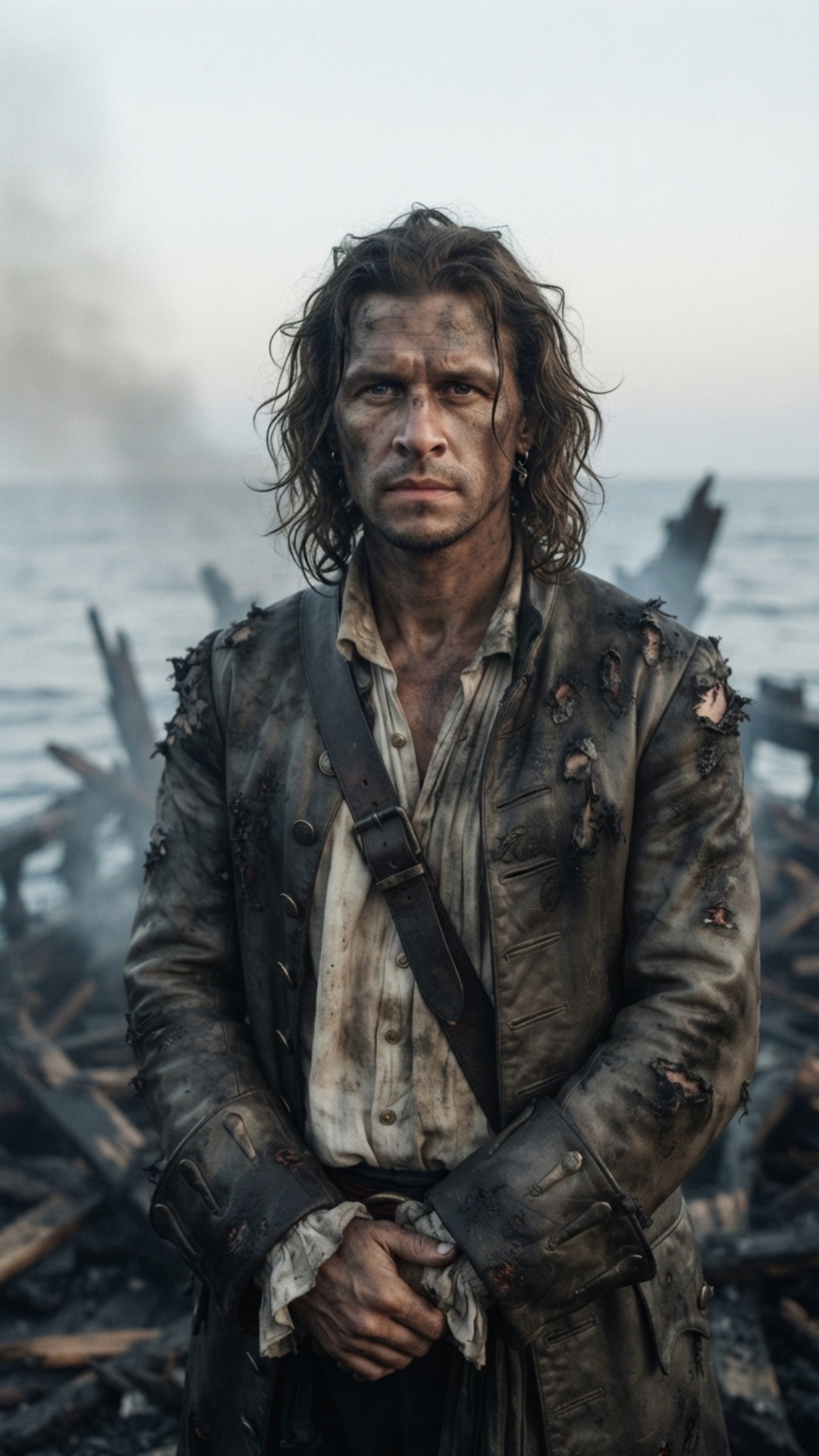 0-2s: Cinematic medium shot amidst the smoking debris of a battered ship deck. The pirate captain...