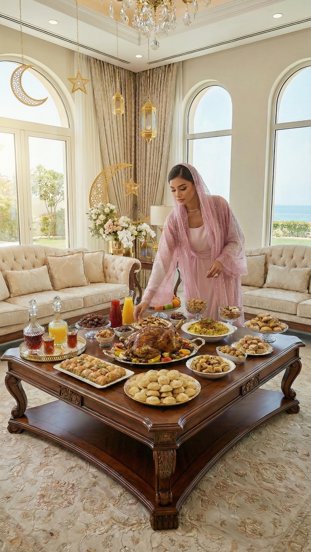 model in pink puts everything in order on the festive table