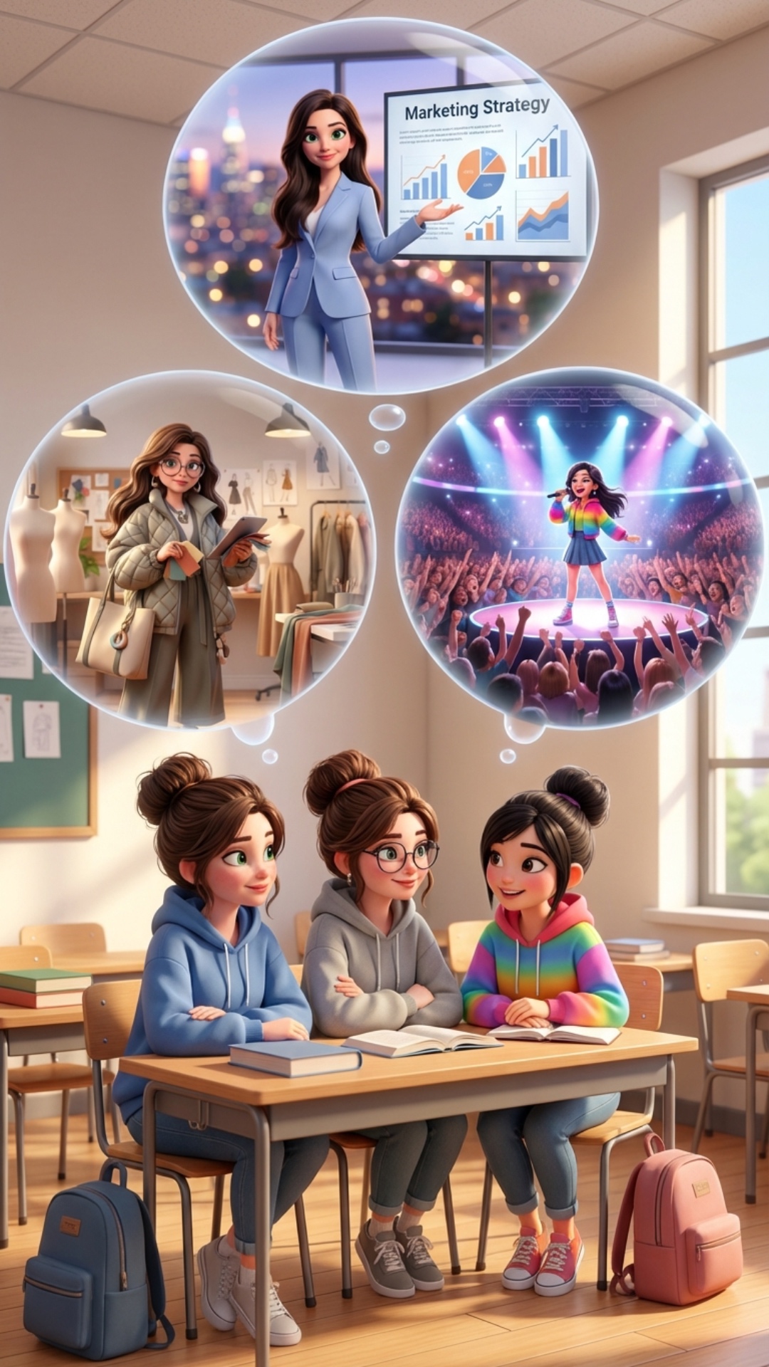 Strong rule: style --- 3D Pixar ---. Девушки сидят за партой в универе в худи и в пучках в универ...