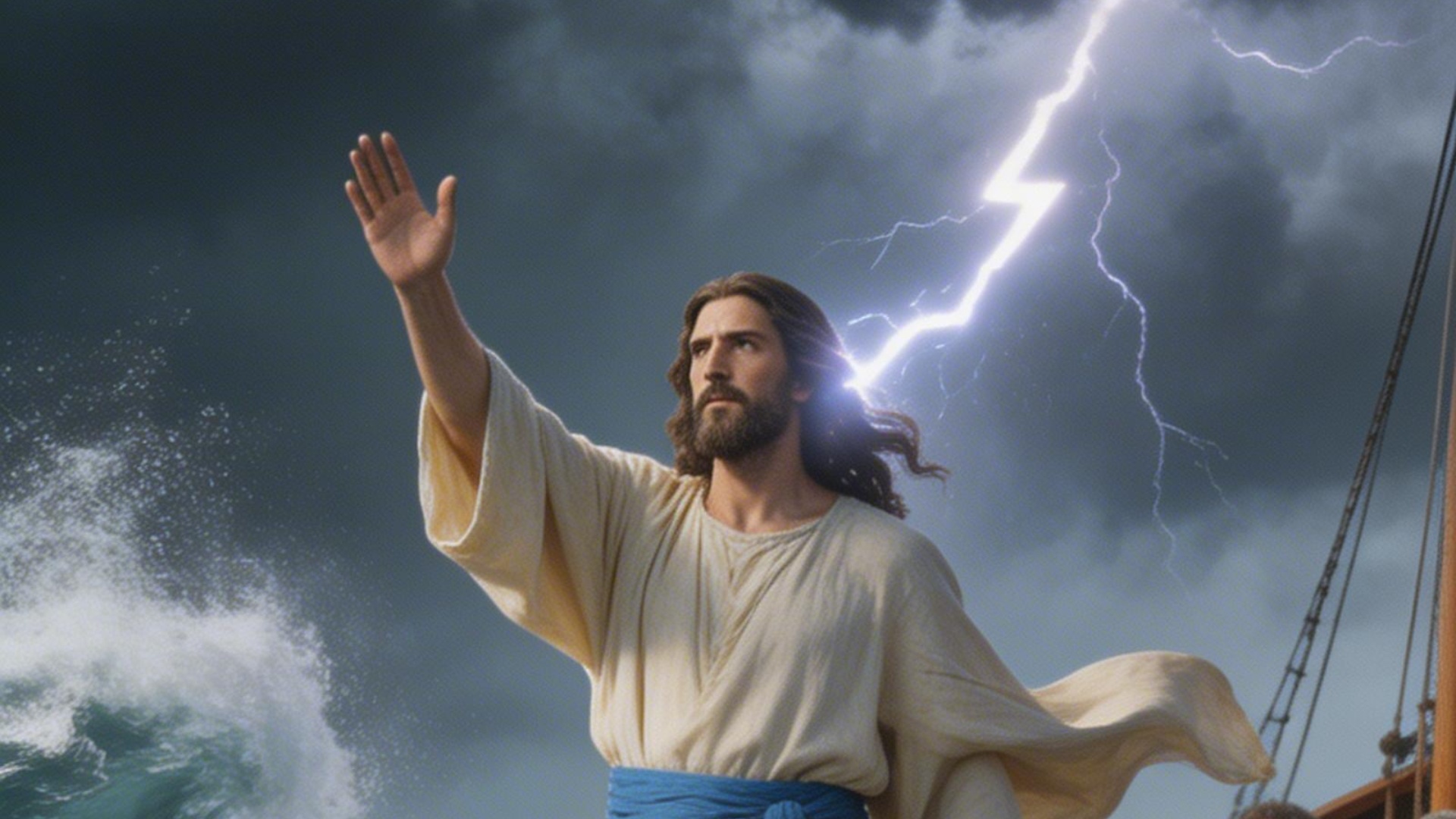 Jesus, with calm authority, stands at the bow of the wooden boat amid the raging storm. His cream...