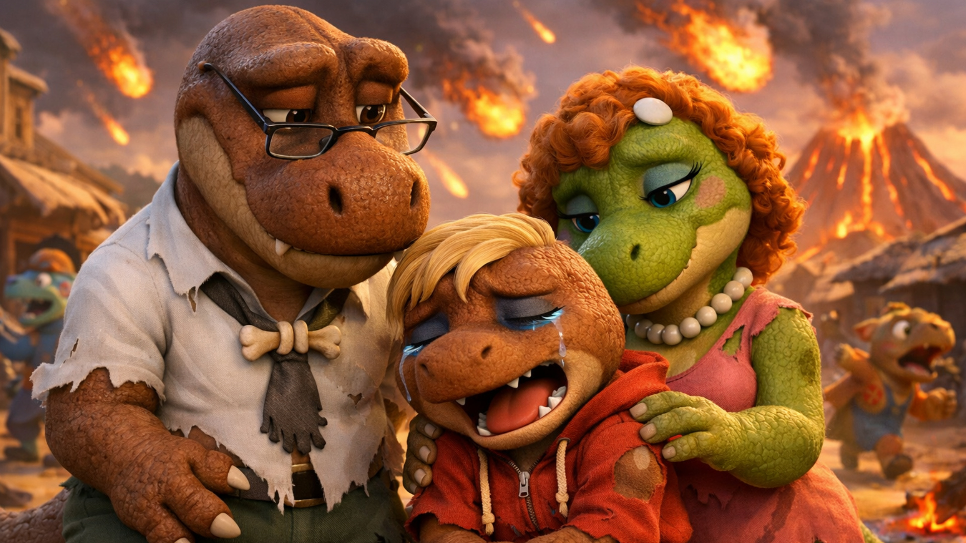 3d fluid expressive animation of crying anthro male t-rex kid as he talks as the mother and fathe...