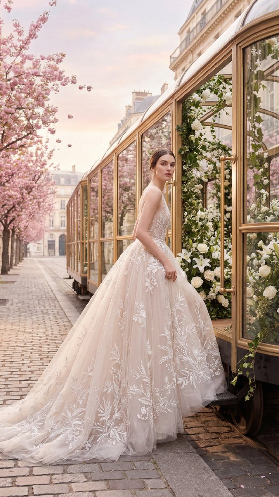 Graceful, ethereal movement. The voluminous tulle gown flutters gently as she slowly steps down f...
