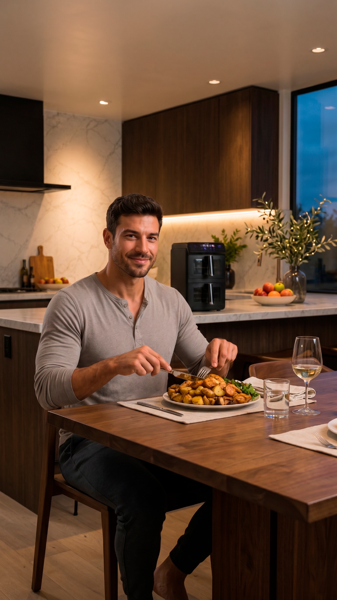 Realistic cinematic video.

The man enthusiastically eats a huge serving of potatoes and chicke...